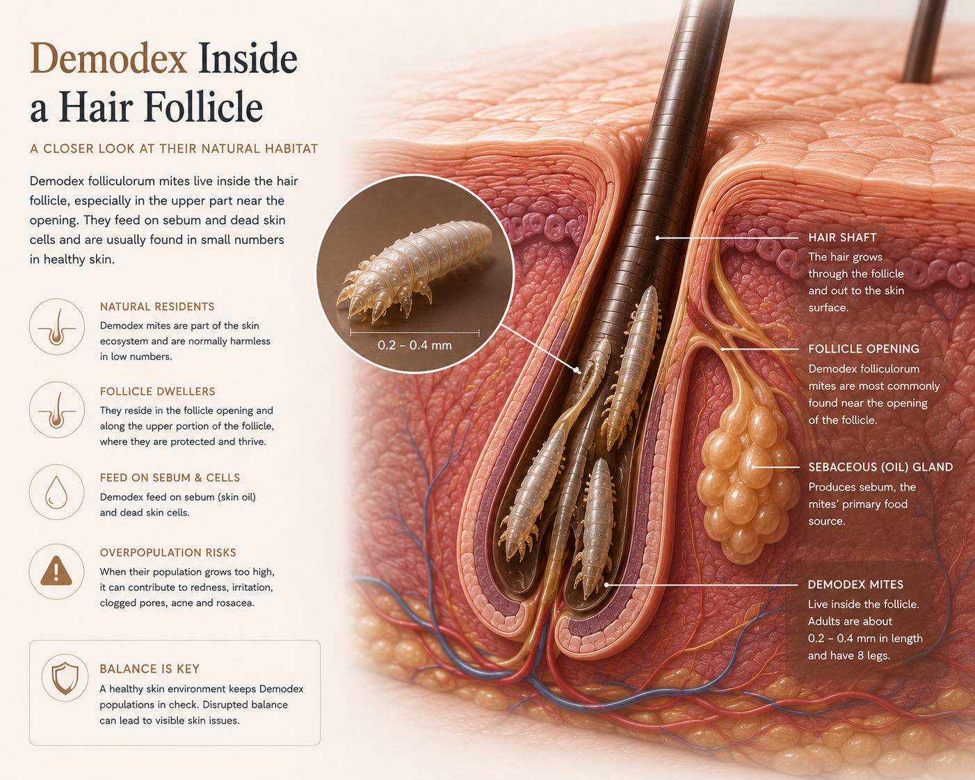Illustration of Demodex mites inside a hair follicle
